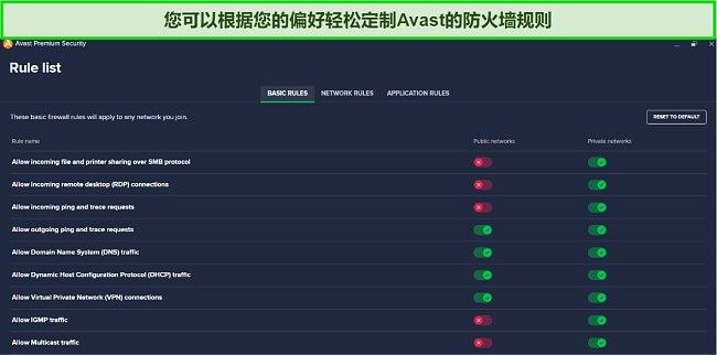 Avast杀毒软件评测 - 防火墙规则定制功能展示图